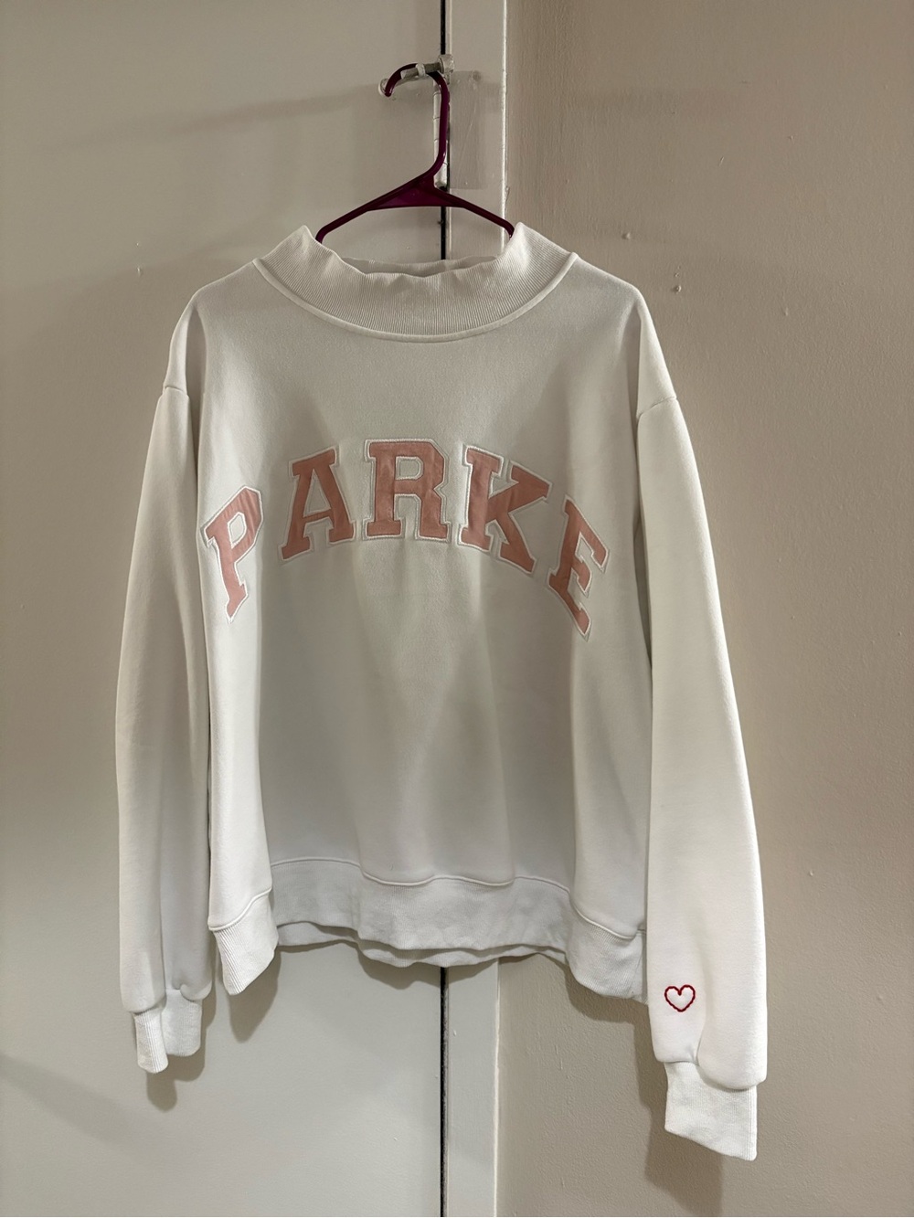 Parke White Sweatshirt with Pink Lettering